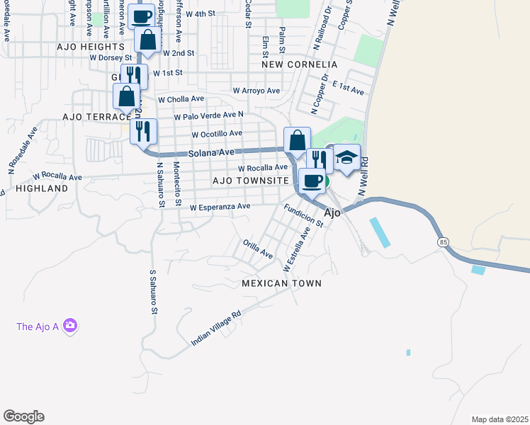 map of restaurants, bars, coffee shops, grocery stores, and more near 201 West Esperanza Avenue in Ajo