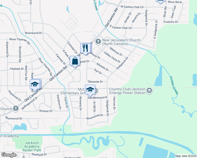 map of restaurants, bars, coffee shops, grocery stores, and more near 222 Glenside Drive in Jackson