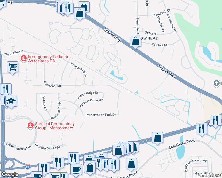 map of restaurants, bars, coffee shops, grocery stores, and more near 8032 Copperfield Drive in Montgomery