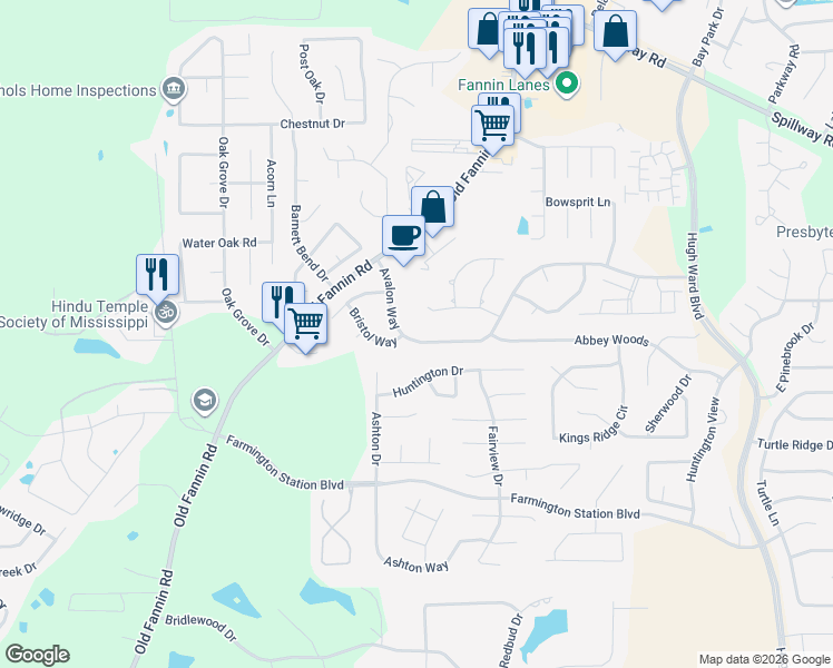 map of restaurants, bars, coffee shops, grocery stores, and more near 313 Avalon Way in Brandon