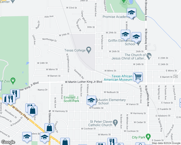 map of restaurants, bars, coffee shops, grocery stores, and more near 1010 West Mims Street in Tyler