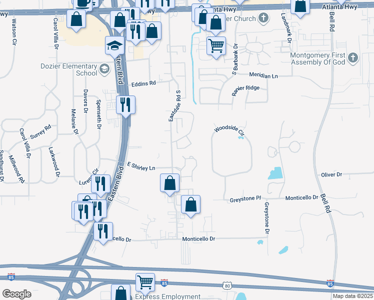 map of restaurants, bars, coffee shops, grocery stores, and more near 500 Eastdale Road South in Montgomery