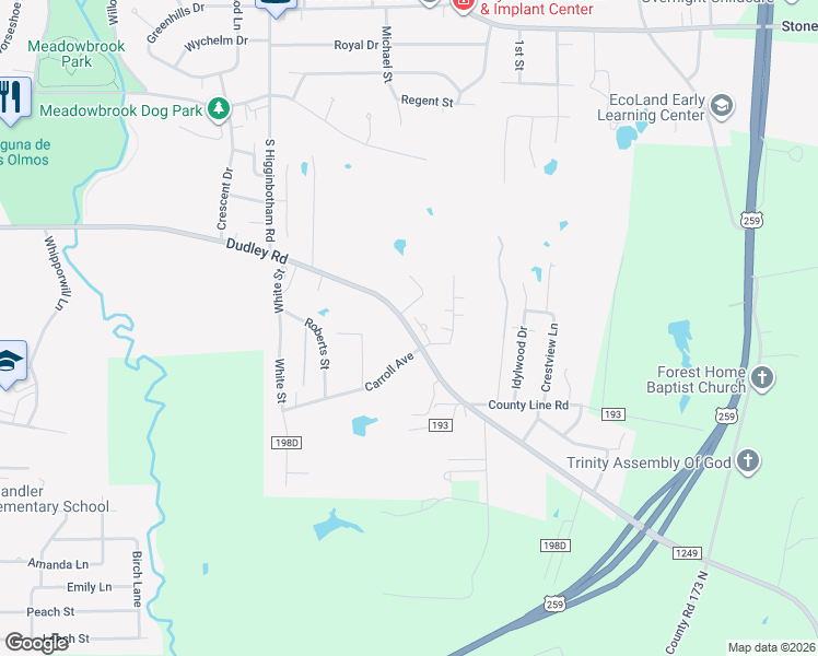 map of restaurants, bars, coffee shops, grocery stores, and more near Farm to Market Road 1249 in Kilgore