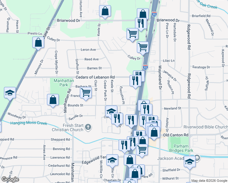 map of restaurants, bars, coffee shops, grocery stores, and more near 5335 Keele Street in Jackson