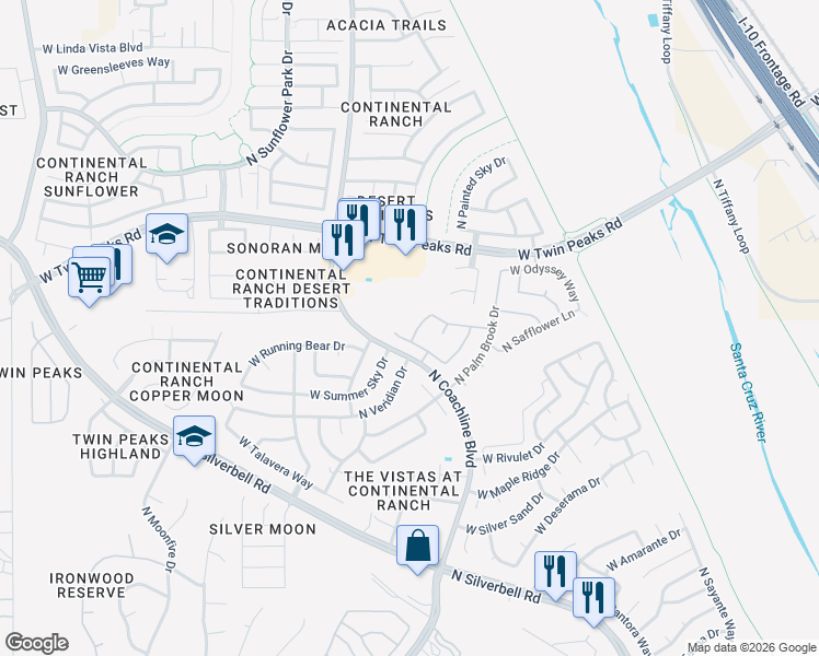 map of restaurants, bars, coffee shops, grocery stores, and more near 9081 North Veridian Drive in Tucson