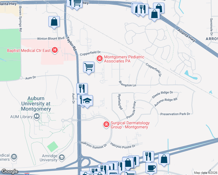 map of restaurants, bars, coffee shops, grocery stores, and more near 7300 Glen Chase Road in Montgomery