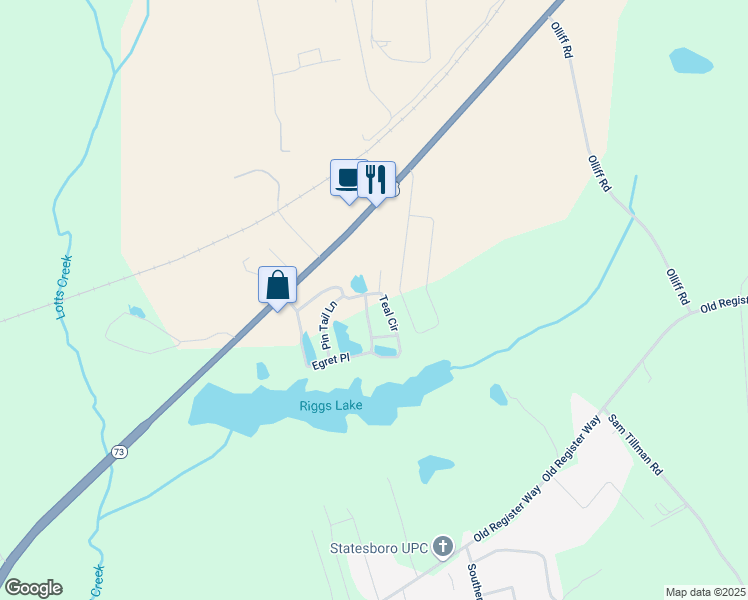 map of restaurants, bars, coffee shops, grocery stores, and more near 407B Teal Circle in Statesboro