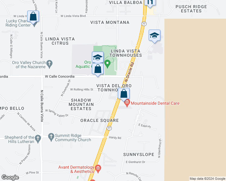 map of restaurants, bars, coffee shops, grocery stores, and more near 9095 North Oracle Road in Oro Valley