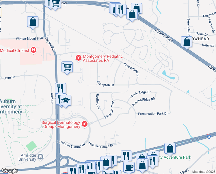 map of restaurants, bars, coffee shops, grocery stores, and more near 642 Ryefield Road in Montgomery