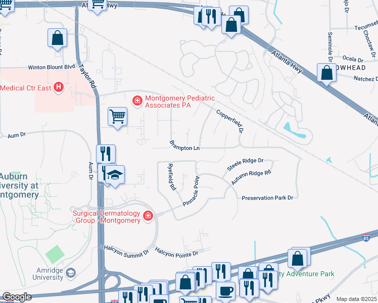 map of restaurants, bars, coffee shops, grocery stores, and more near 642 Ryefield Road in Montgomery