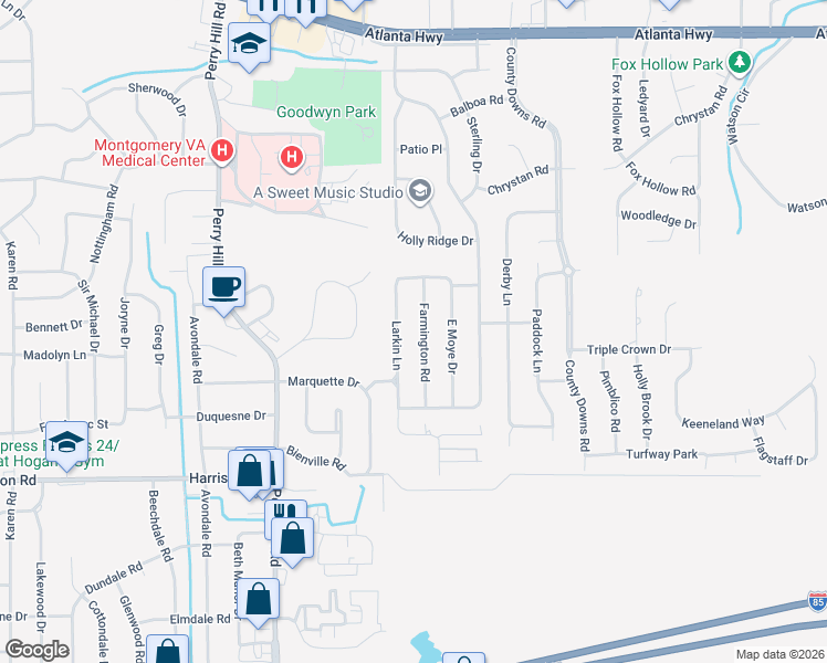 map of restaurants, bars, coffee shops, grocery stores, and more near 547 Larkin Lane in Montgomery