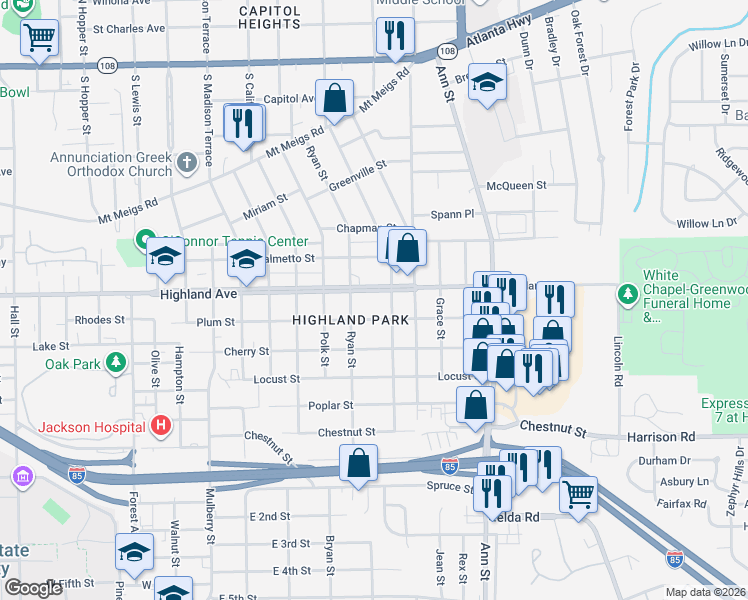 map of restaurants, bars, coffee shops, grocery stores, and more near 2449 Plum Street in Montgomery