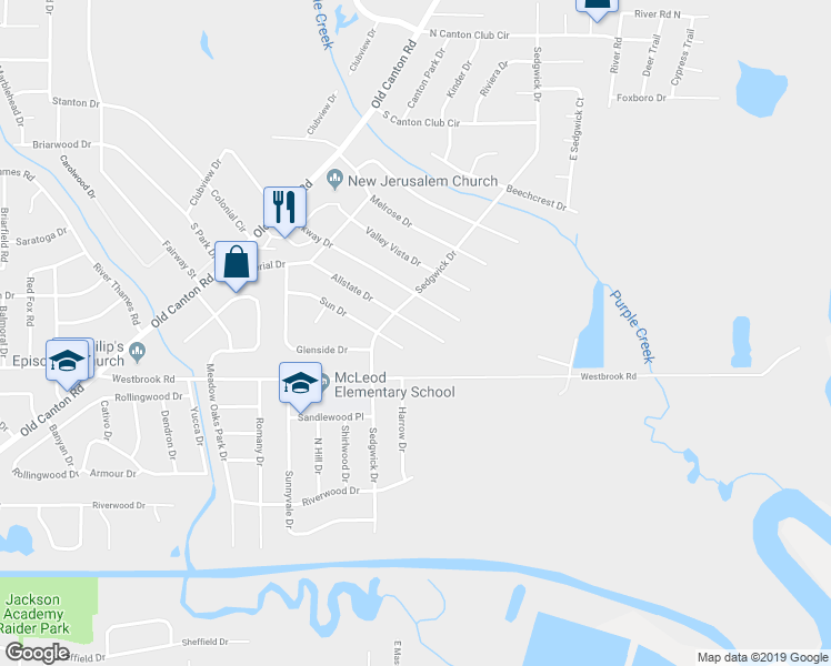 map of restaurants, bars, coffee shops, grocery stores, and more near 365 Allstate Drive in Jackson