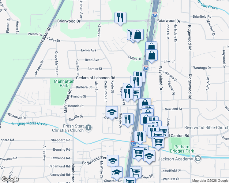 map of restaurants, bars, coffee shops, grocery stores, and more near 5335 Keele Street in Jackson