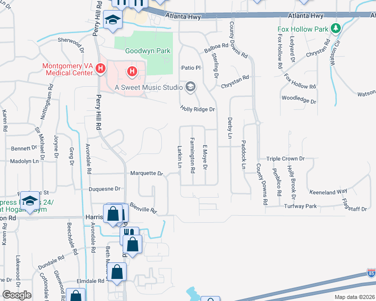 map of restaurants, bars, coffee shops, grocery stores, and more near 547 Larkin Lane in Montgomery