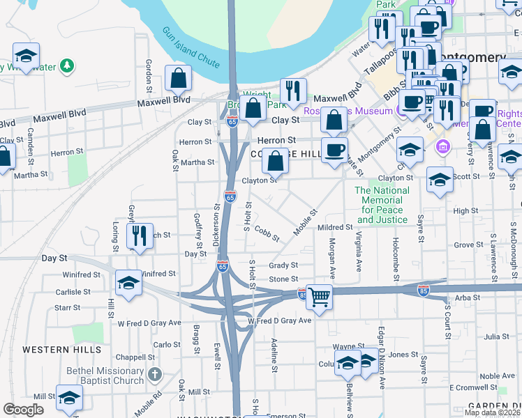 map of restaurants, bars, coffee shops, grocery stores, and more near 467 South Holt Street in Montgomery