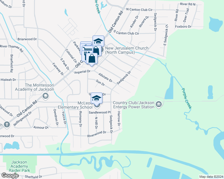 map of restaurants, bars, coffee shops, grocery stores, and more near 299 Sun Drive in Jackson