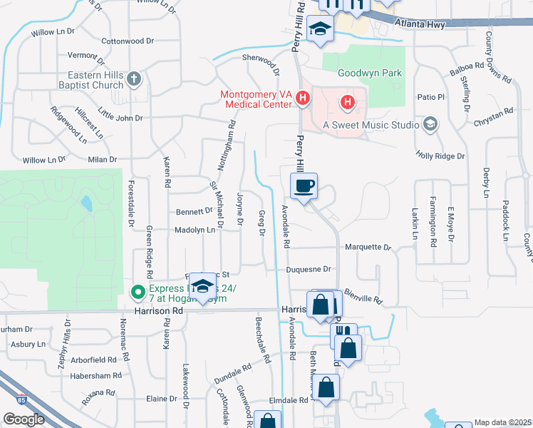map of restaurants, bars, coffee shops, grocery stores, and more near 847 Greg Drive in Montgomery