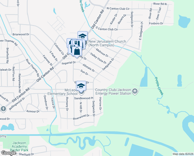 map of restaurants, bars, coffee shops, grocery stores, and more near 304 Sun Drive in Jackson