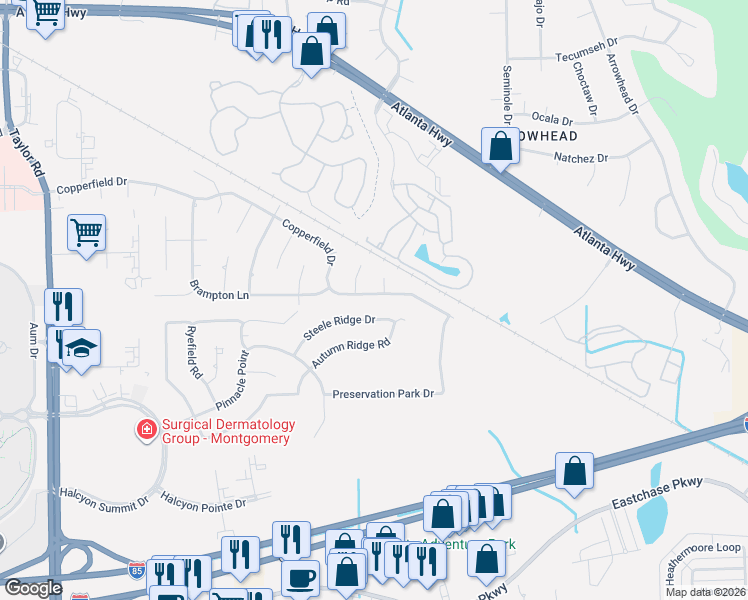 map of restaurants, bars, coffee shops, grocery stores, and more near 7755 Steele Ridge Drive in Montgomery