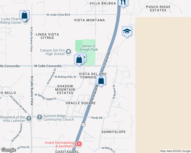 map of restaurants, bars, coffee shops, grocery stores, and more near 9095 North Oracle Road in Oro Valley
