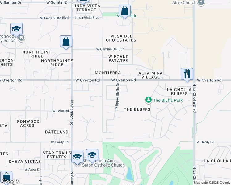 map of restaurants, bars, coffee shops, grocery stores, and more near 2636 West Catalina View Drive in Tucson