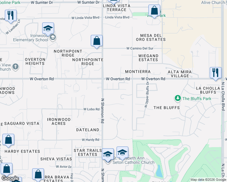 map of restaurants, bars, coffee shops, grocery stores, and more near 9080 North Shannon Road in Tucson