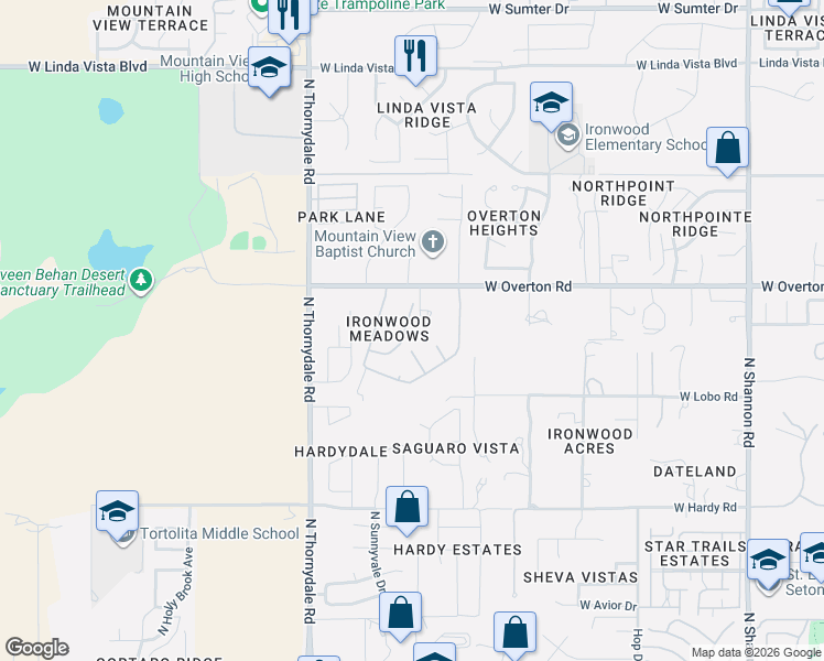 map of restaurants, bars, coffee shops, grocery stores, and more near 3624 West Ironwood Meadows Place in Tucson
