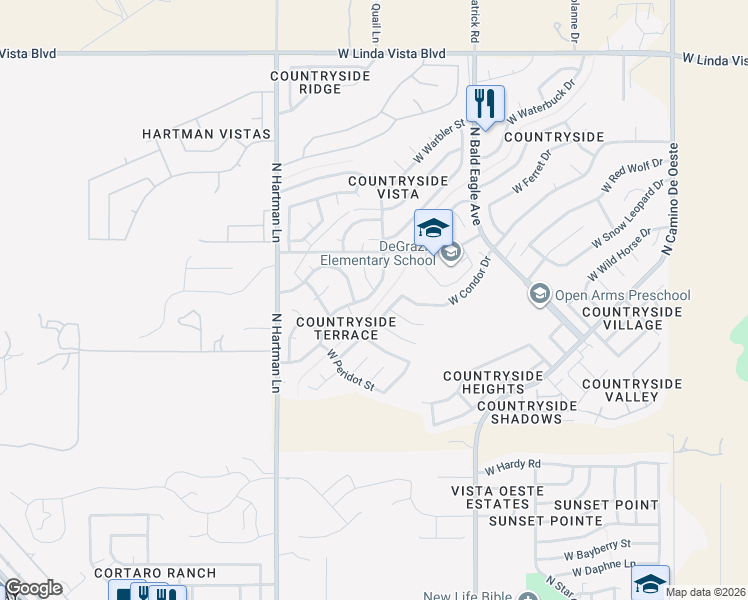 map of restaurants, bars, coffee shops, grocery stores, and more near 9090 North Eaglestone Loop in Tucson