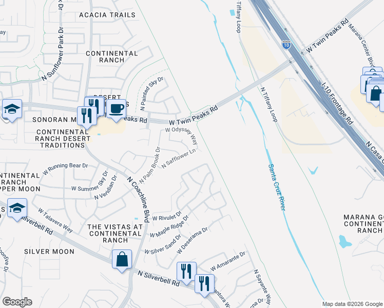 map of restaurants, bars, coffee shops, grocery stores, and more near 7180 West Yarbough Drive in Tucson