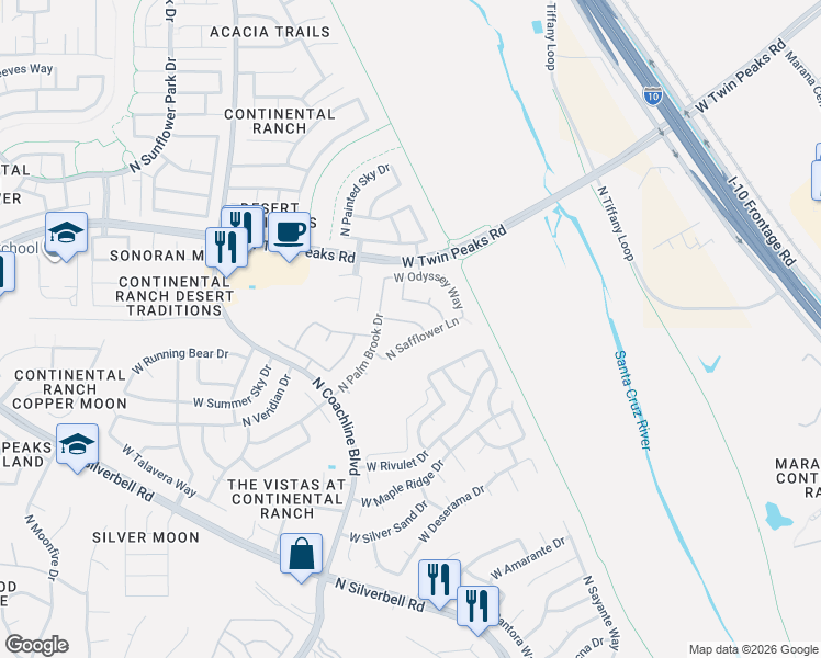 map of restaurants, bars, coffee shops, grocery stores, and more near 9070 North Safflower Lane in Tucson