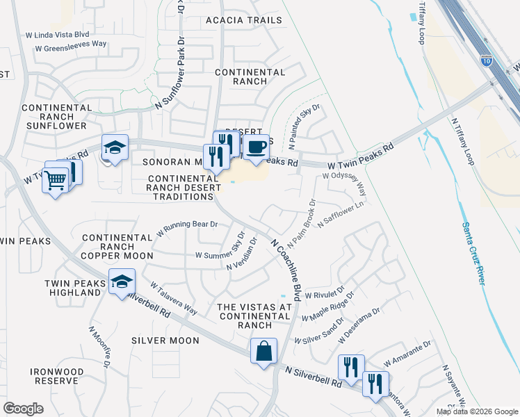 map of restaurants, bars, coffee shops, grocery stores, and more near 9081 North Veridian Drive in Tucson
