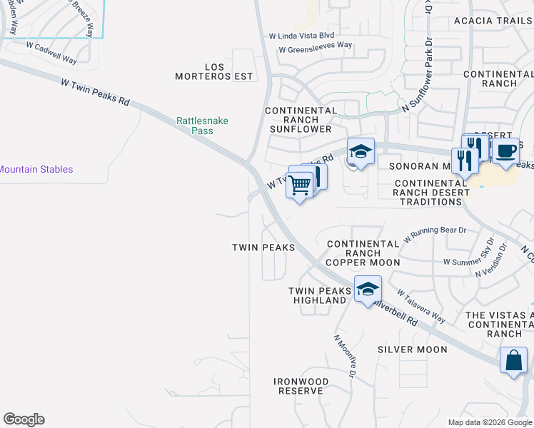 map of restaurants, bars, coffee shops, grocery stores, and more near 8145 West Valhalla Place in Tucson