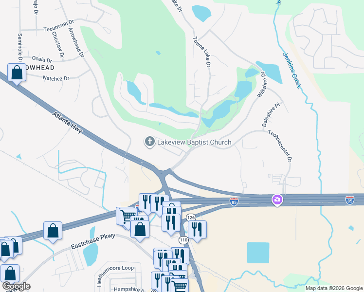 map of restaurants, bars, coffee shops, grocery stores, and more near 9168 Castle Pines Circle in Montgomery