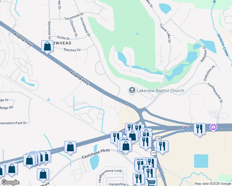map of restaurants, bars, coffee shops, grocery stores, and more near Atlanta Highway in Montgomery