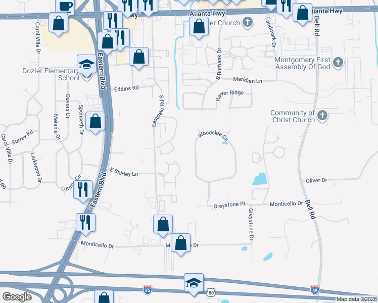 map of restaurants, bars, coffee shops, grocery stores, and more near 5493-5495 Woodside Circle in Montgomery
