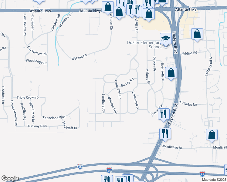 map of restaurants, bars, coffee shops, grocery stores, and more near 5205-5215 Millwood Road in Montgomery