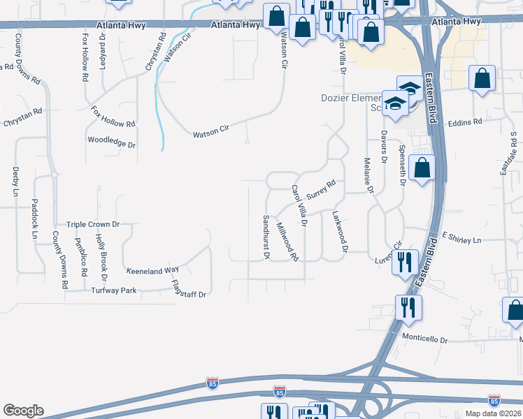 map of restaurants, bars, coffee shops, grocery stores, and more near 638 Sandhurst Drive in Montgomery