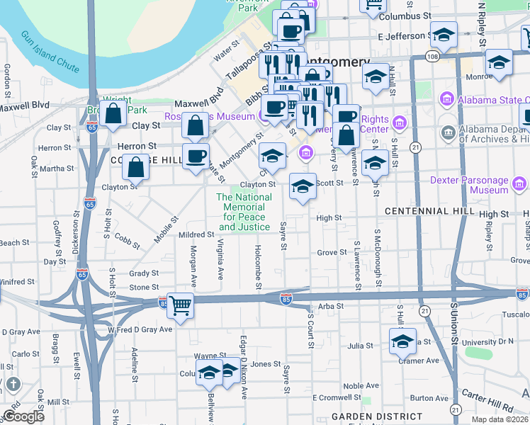 map of restaurants, bars, coffee shops, grocery stores, and more near 475 Holcombe St in Montgomery