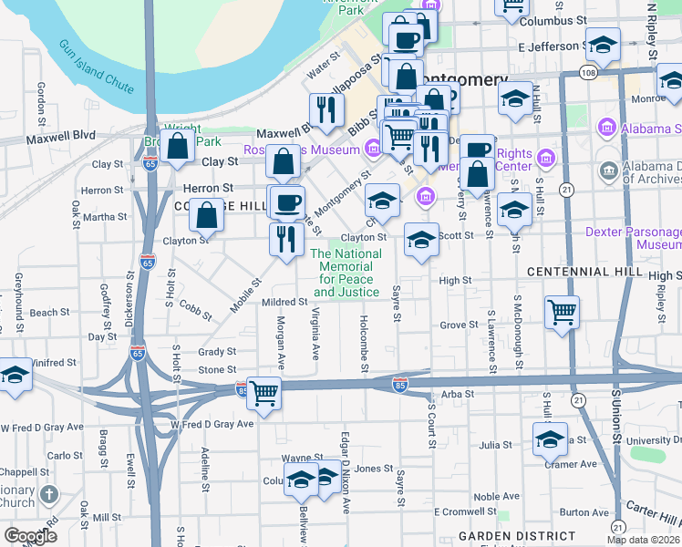 map of restaurants, bars, coffee shops, grocery stores, and more near 417 Caroline Street in Montgomery