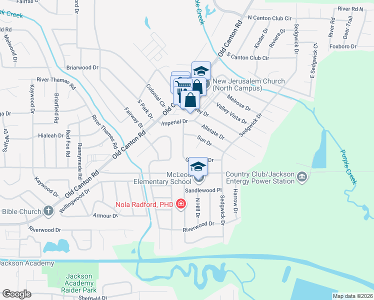 map of restaurants, bars, coffee shops, grocery stores, and more near 163 Glenside Drive in Jackson