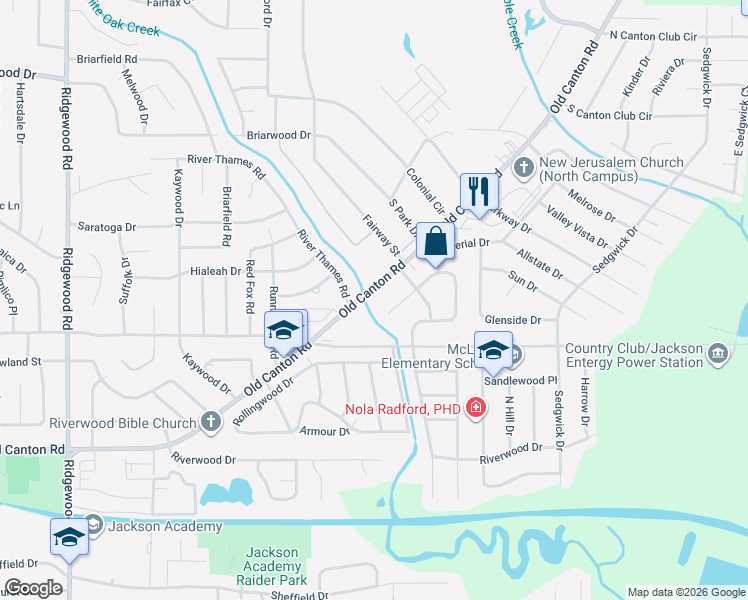map of restaurants, bars, coffee shops, grocery stores, and more near 5546 Meadow Oaks Park Drive in Jackson