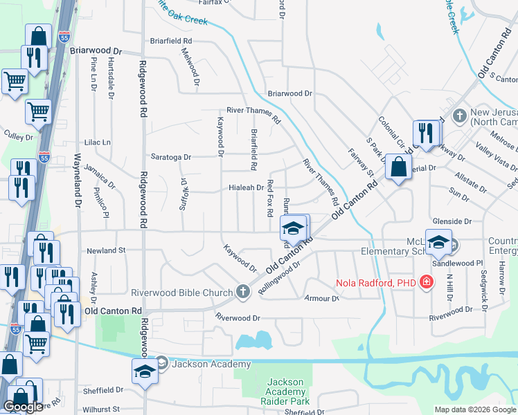 map of restaurants, bars, coffee shops, grocery stores, and more near 5326 Balmoral Drive in Jackson