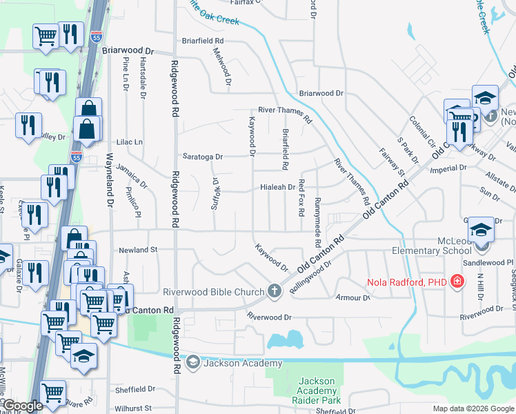 map of restaurants, bars, coffee shops, grocery stores, and more near 5325 Farnsworth Drive in Jackson