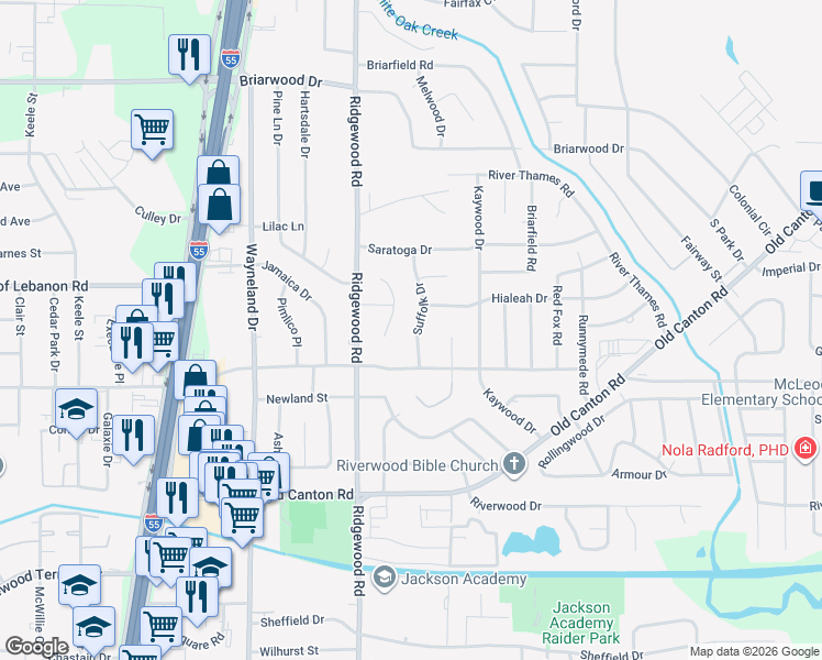 map of restaurants, bars, coffee shops, grocery stores, and more near 5324 Suffolk Drive in Jackson