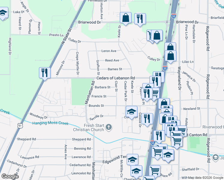 map of restaurants, bars, coffee shops, grocery stores, and more near 362 Francis Street in Jackson