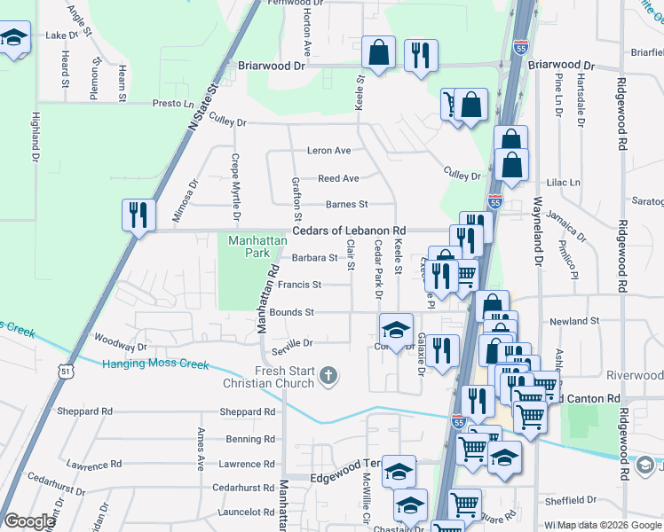 map of restaurants, bars, coffee shops, grocery stores, and more near 362 Francis Street in Jackson