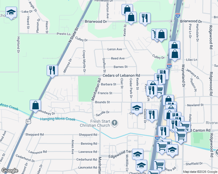 map of restaurants, bars, coffee shops, grocery stores, and more near 326 Francis Street in Jackson