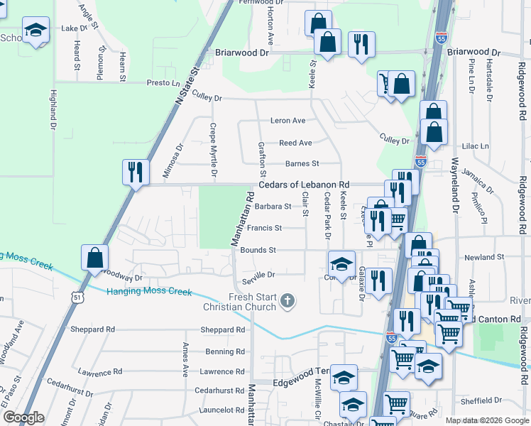 map of restaurants, bars, coffee shops, grocery stores, and more near 326 Francis Street in Jackson
