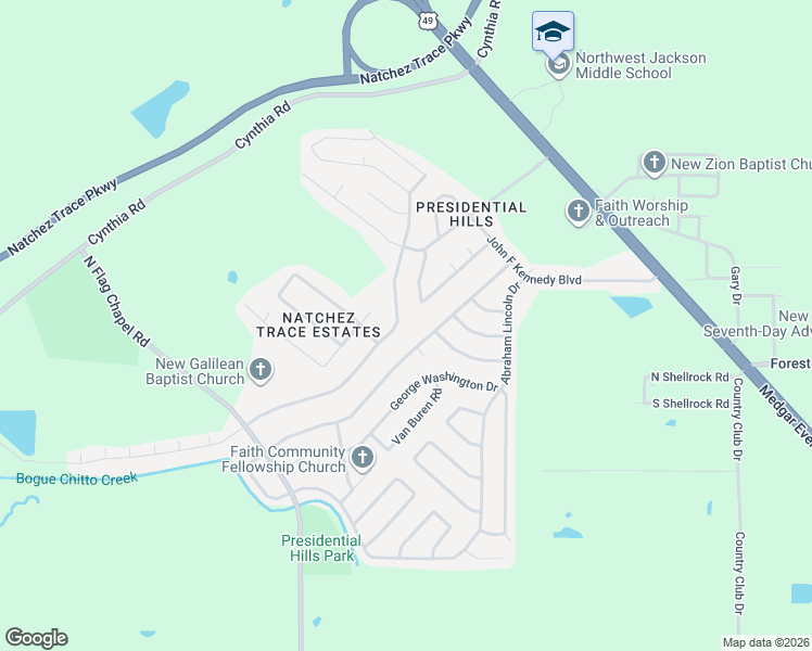 map of restaurants, bars, coffee shops, grocery stores, and more near 6611 Lyndon B Johnson Drive in Jackson
